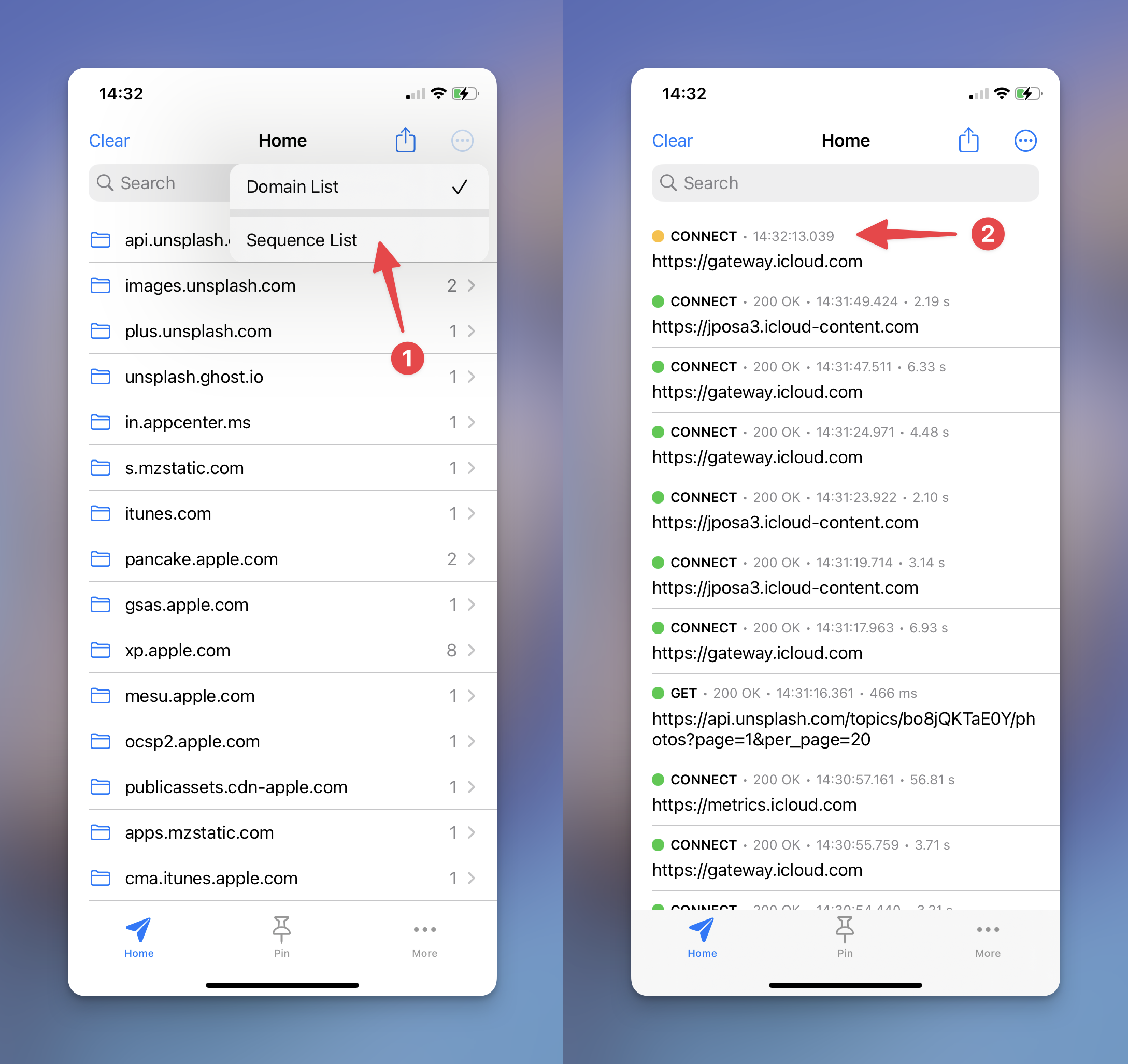 Group requests by domains or display as sequence list