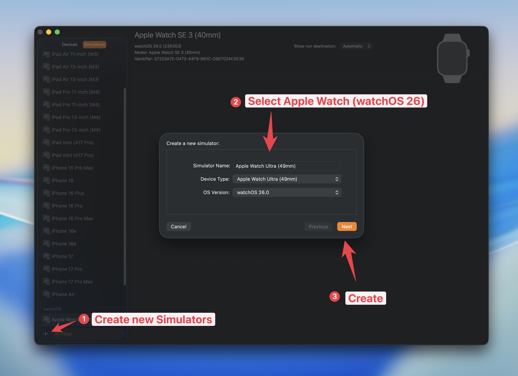 Create a new WatchOS 26 Simulator from Xcode 26