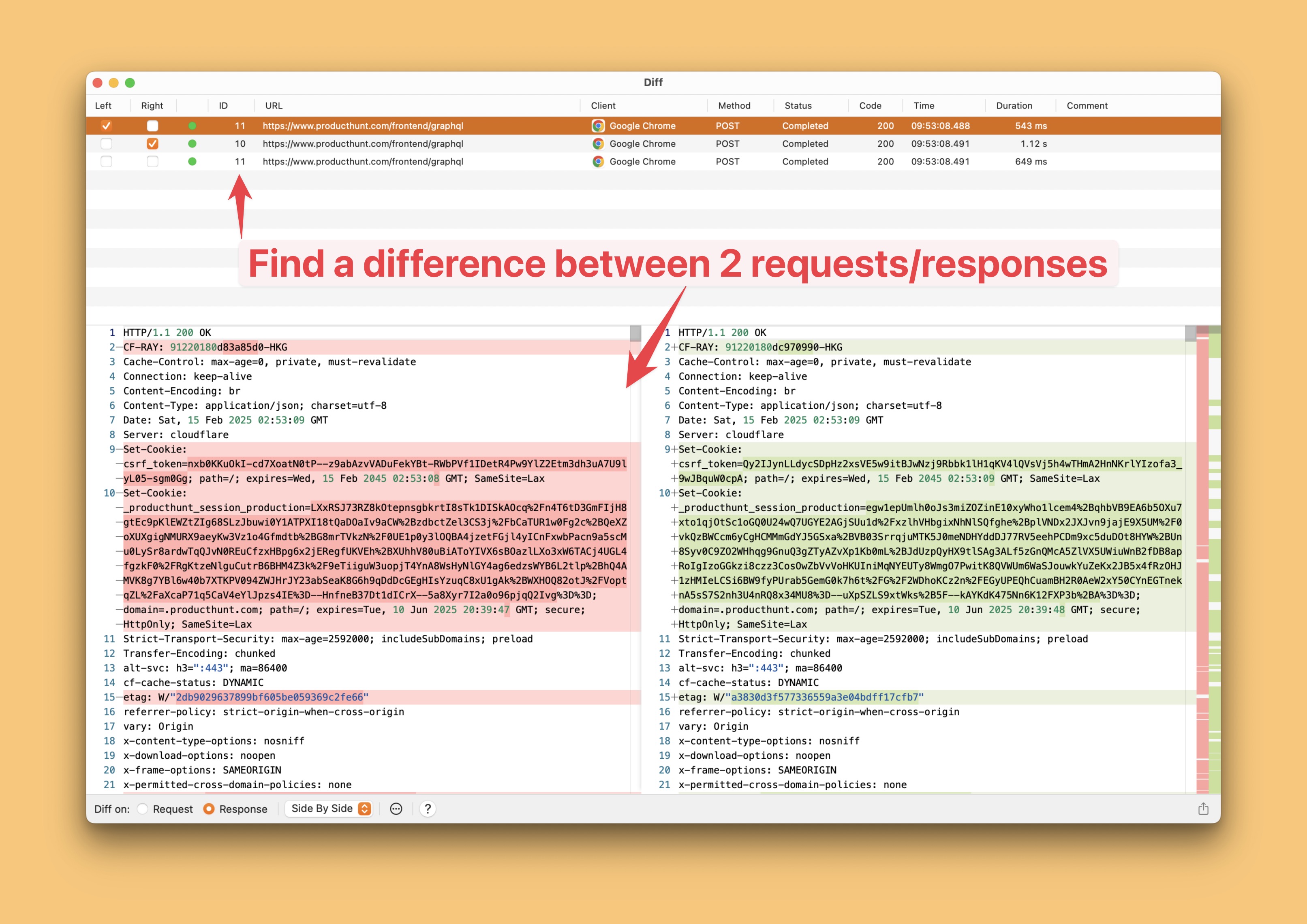 Find a different between two requests/responses with a Diff Tool