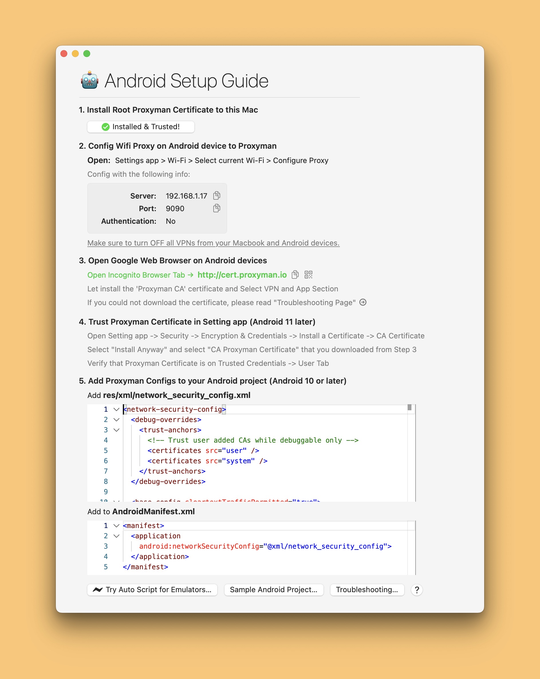 How to setup android physical device with Setup Guide