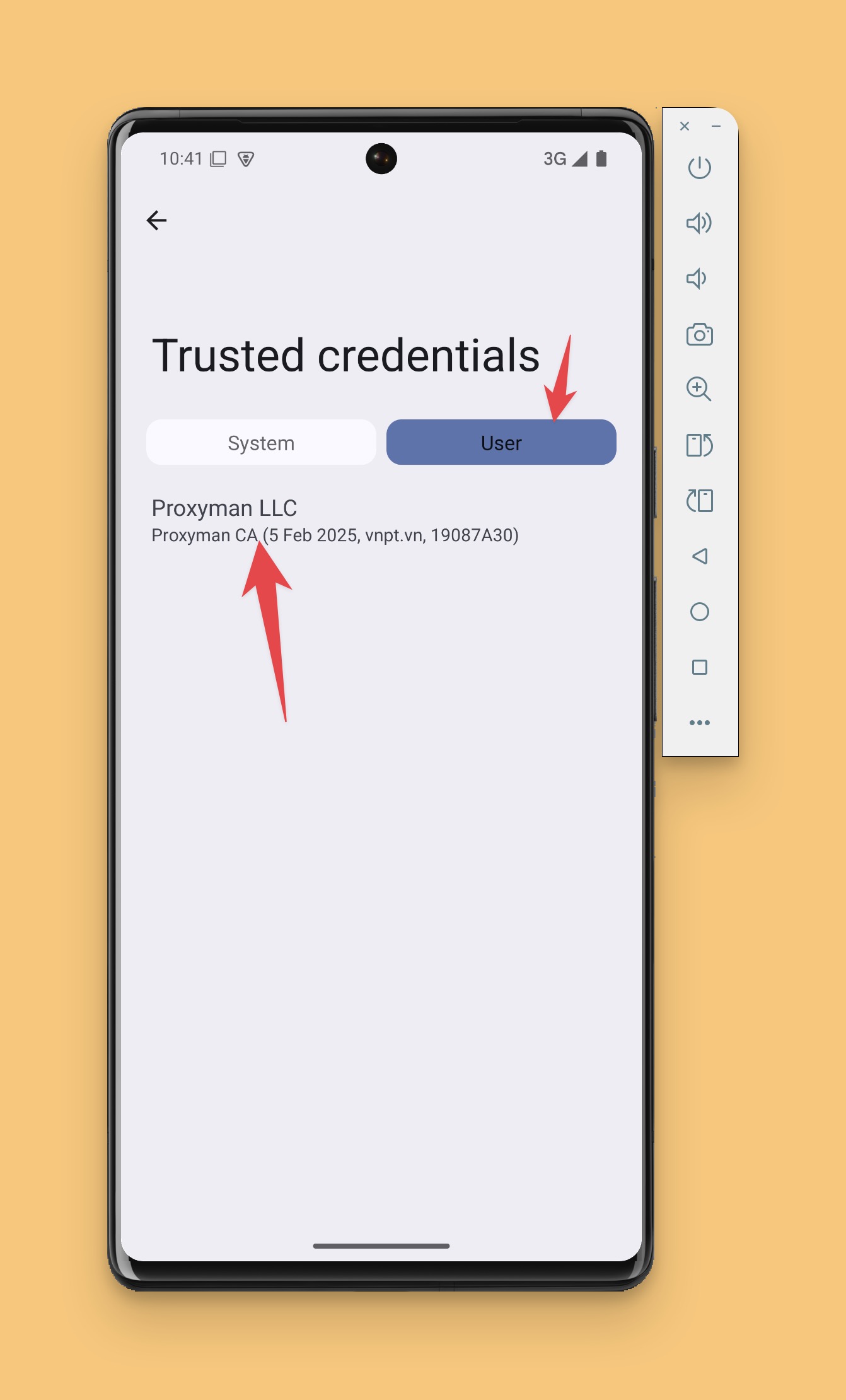 Verify Proxyman Certificate is installed successfully in the User Tab in Trusted Credentials screen