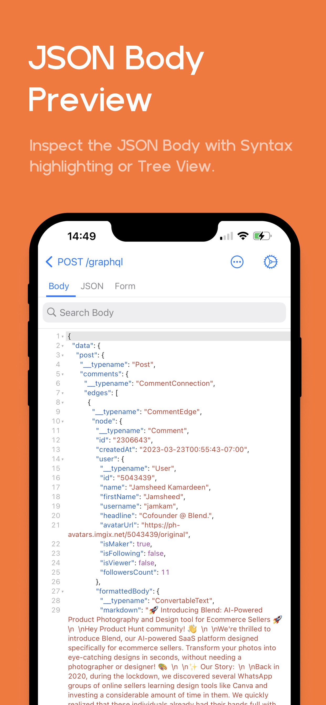 Proxyman for iOS - JSON Body Preview with syntax highlighting